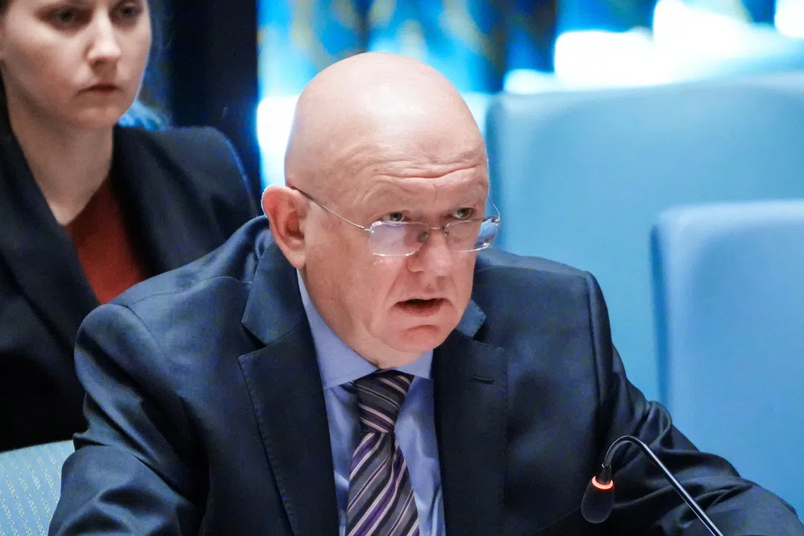 The Russia Federation's Ambassador to the United Nations Vassily Nebenzia, addresses members of the U.N. Security Council after casting his vote on a resolution that would permanently lift U.N. sanctions on Iran, at U.N. headquarters in New York City, U.S., September 19, 2025. REUTERS/Eduardo Munoz
