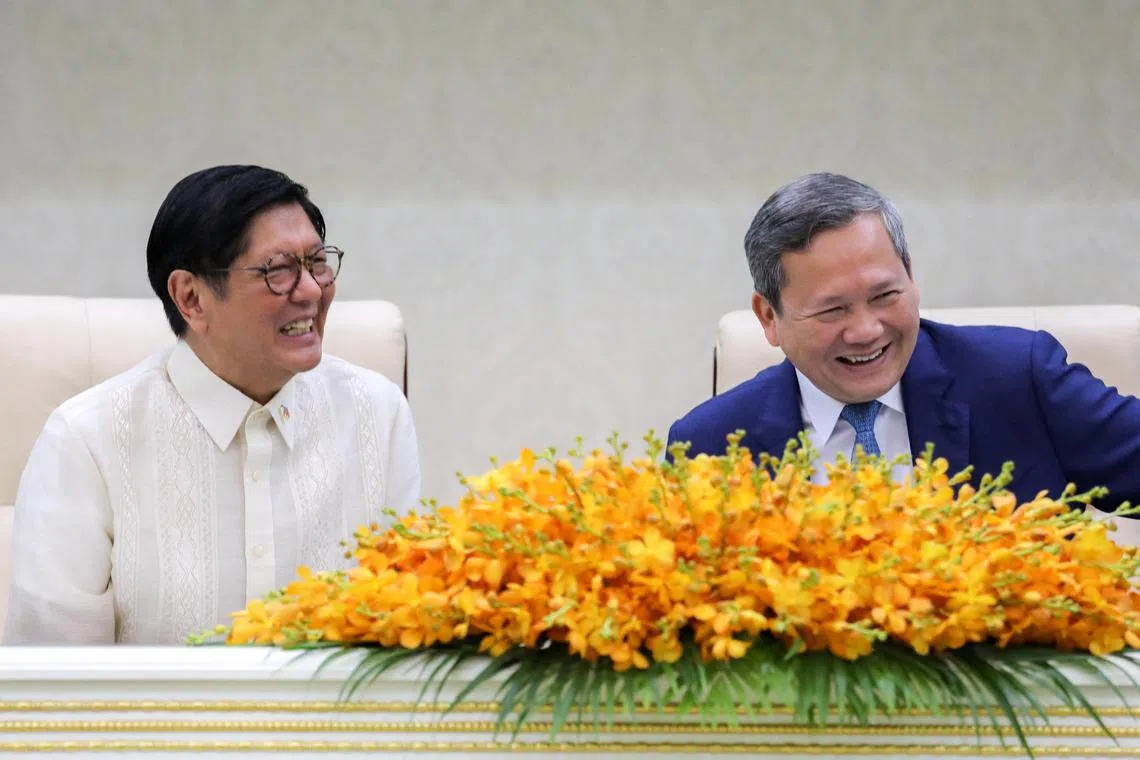 Philippine President Ferdinand Marcos Jr (left) with Cambodian Prime Minister Hun Manet in Phnom Penh on Sept 8. 