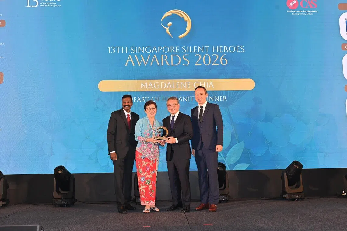 Magdalene Chia was one of five everyday individuals honored at the 13th Singapore Silent Heroes Awards, receiving the Heart of Humanity accolade.