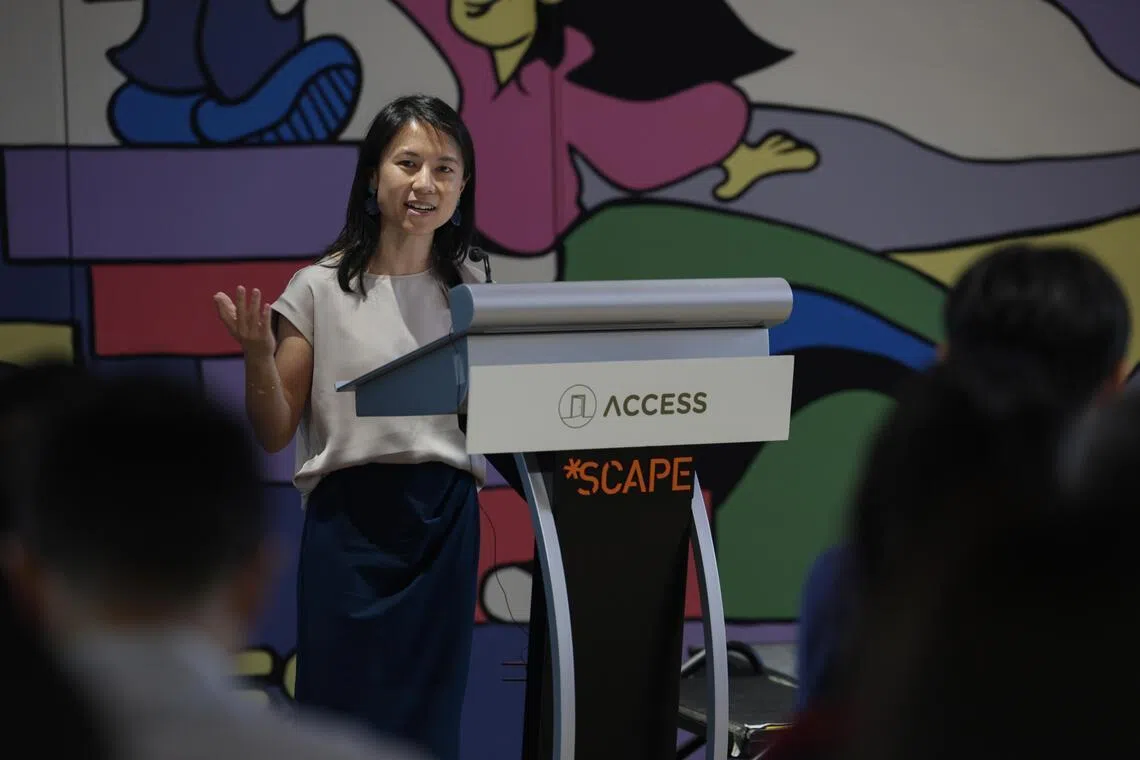 Ms Goh Hanyan, Senior Parliamentary Secretary, delivers her speech during the launch of Access Apprenticeship at The Trampoline by Access Singapore in SCAPE on Feb 11, 2026.