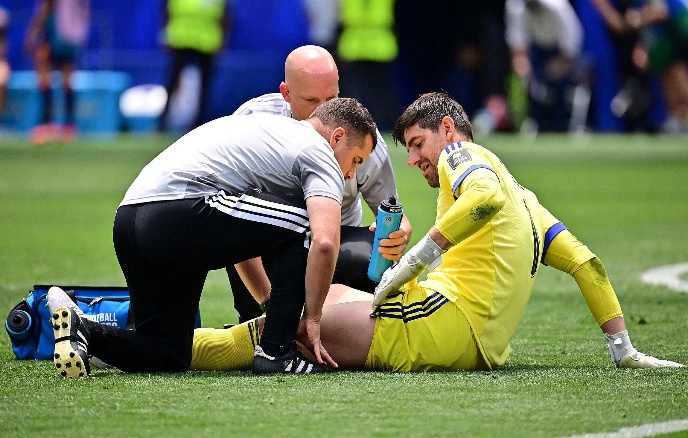 Soccer Football - FIFA World Cup 2026 - Quarter Final - Spain v Belgium - Los Angeles Stadium, Inglewood, California, U.S. - July 10, 2026
Belgium's Thibaut Courtois receives medical attention after sustaining an injury IMAGN IMAGES via Reuters/Gary Vasquez     TPX IMAGES OF THE DAY
