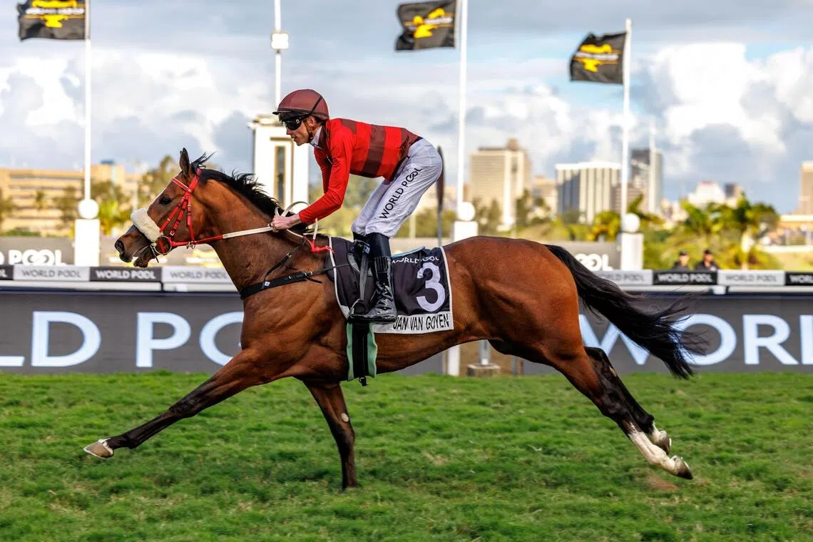 Jan Van Goyen (Callan Murray) scoring an easy win in the Grade 1 Champion Stakes (1,600m) at Greyville on July 27.

