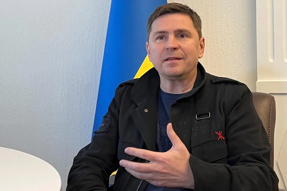 FILE PHOTO: Mykhailo Podolyak, a political adviser to Ukraine's President Volodymyr Zelenskiy, speaks during an interview with Reuters, amid Russia's attack on Ukraine, in Kyiv, Ukraine October 6, 2022. REUTERS/Anna Voitenko/File Photo