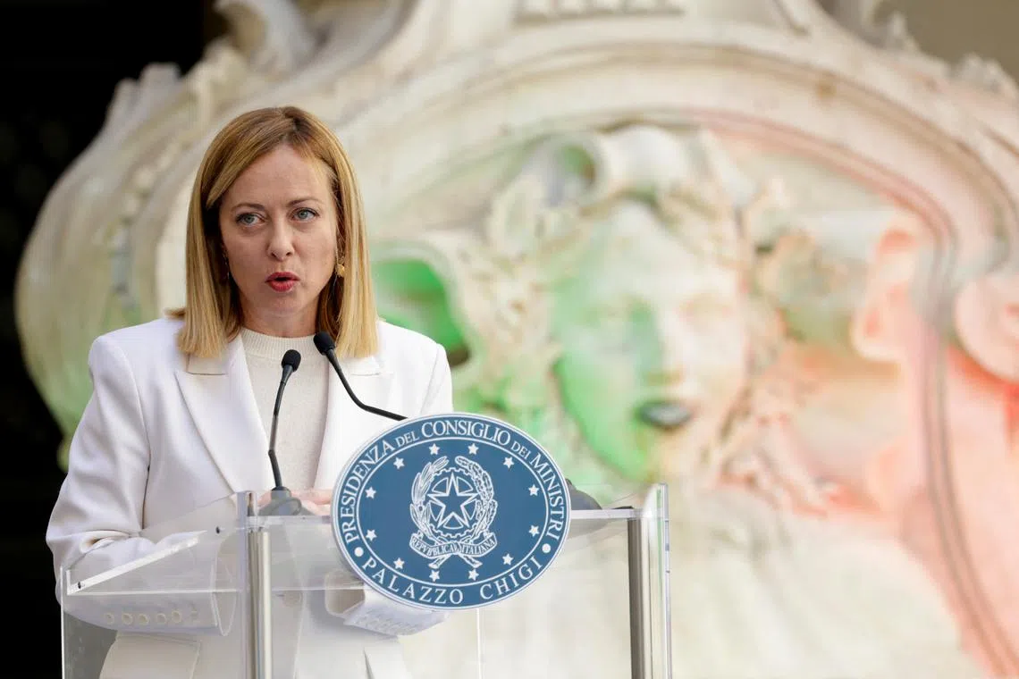 FILE PHOTO: Italian Prime Minister Giorgia Meloni speaks as she attends the \"master of the art of Italian cuisine award\" ceremony at Palazzo Chigi, in Rome, Italy, April 2, 2025. REUTERS/Remo Casilli/File Photo