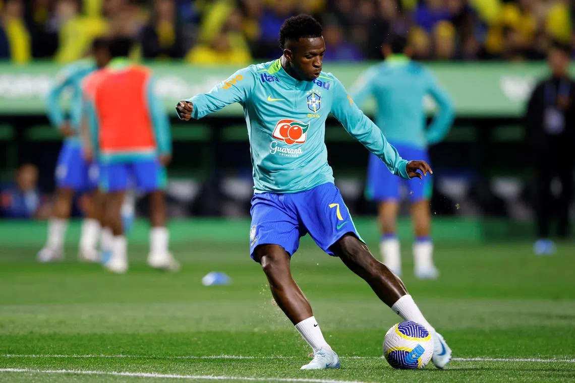 FILE PHOTO: Soccer Football - World Cup - South American Qualifiers - Brazil v Ecuador - Estadio Antonio Couto Pereira, Curitiba, Brazil - September 6, 2024 Brazil's Vinicius Jr during the warm up  REUTERS/Rodolfo Buhrer/ File Photo