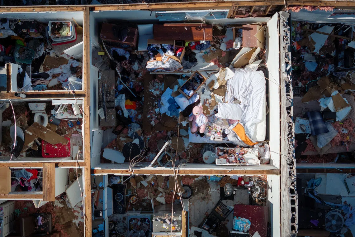 A drone view shows a damaged apartments building in the aftermath of Hurricane Isaias in Milton, Florida, US, October 11, 2026. REUTERS/Marco Bello