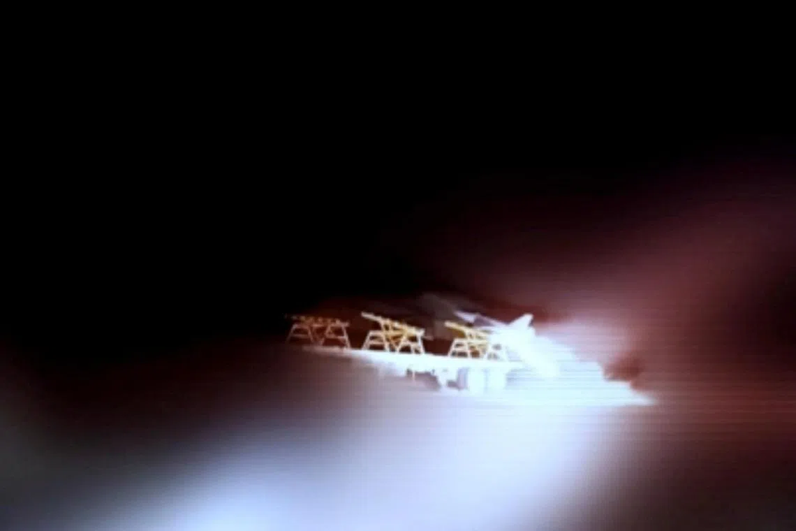 A still image from handout video released on July 14, said to show a drone being launched by Iran from an unknown location to attack US positions at Azraq base in Jordan.