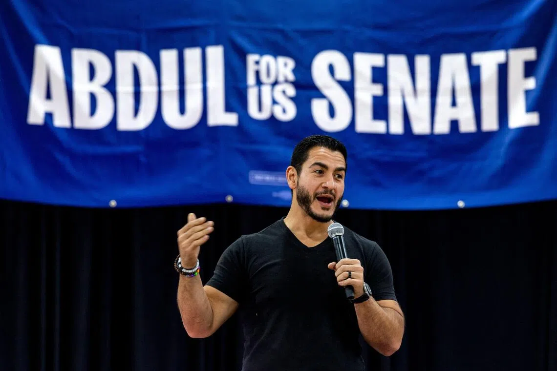 WATERFORD, MICHIGAN - SEPTEMBER 3: Democratic candidate for U.S. Senate Abdul El-Sayed answers questions from attendees during a town hall event, part of a series of events across Michigan focused on hearing from voters, on September 3, 2026 at the Oakland Expo Center in Waterford, Michigan. El-Sayed is scheduled to hold additional town halls throughout September and early October in Lansing, Grand Rapids, Detroit, Flint and Macomb.   Emily Elconin/Getty Images/AFP (Photo by Emily Elconin / GETTY IMAGES NORTH AMERICA / Getty Images via AFP)