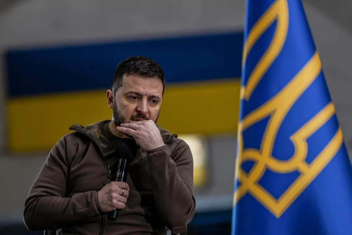 FILE — Ukraine’s president, Volodymyr Zelensky, during a press conference in a subway station in Kyiv, Ukraine, on April 23, 2022. Zelensky is expected to make a daring trip to meet with President Joe Biden at the White House and address Congress in person, according to four people familiar with the planning. (Daniel Berehulak/The New York Times)