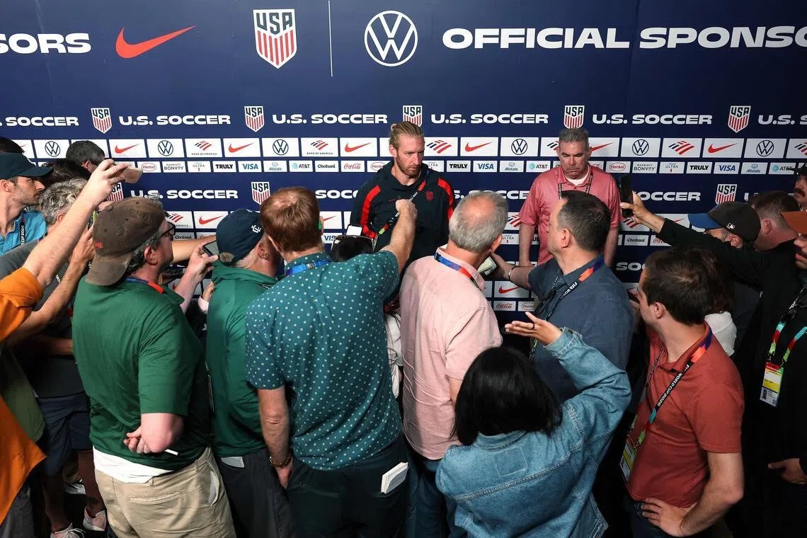 IRVINE, CALIFORNIA - JUNE 29: Tim Ream of the United States talks to the media during a training session at Great Park Sports Complex on June 29, 2026 in Irvine, California.   Jamie Squire/Getty Images/AFP (Photo by JAMIE SQUIRE / GETTY IMAGES NORTH AMERICA / Getty Images via AFP)