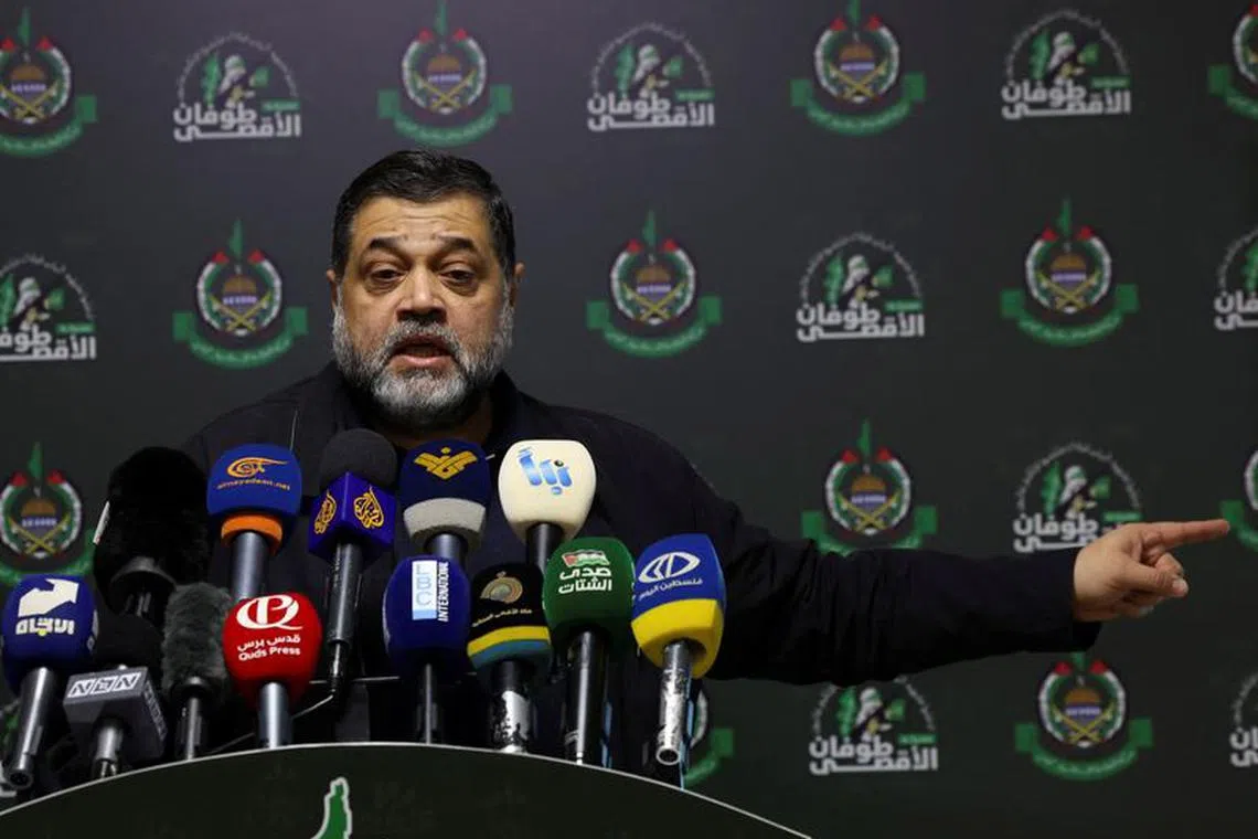 FILE PHOTO: Hamas official Osama Hamdan speaks at a news conference in Beirut, Lebanon, November 12, 2023. REUTERS/Esa Alexander/FILE PHOTO
