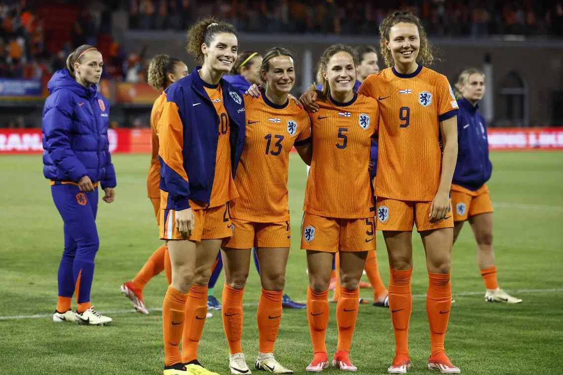 Netherlands players during a women's Euro 2025 qualifier against Finland on May 31, 2024, the same day that Fifa announced new rules to help female players and coaches during pregnancy.