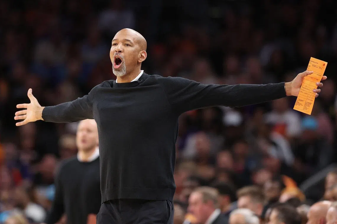 PHOENIX, ARIZONA - MAY 05: Head coach Monty Williams of the Phoenix Suns reacts during the first half of Game Three of the NBA Western Conference Semifinals at Footprint Center on May 05, 2023 in Phoenix, Arizona. NOTE TO USER: User expressly acknowledges and agrees that, by downloading and or using this photograph, User is consenting to the terms and conditions of the Getty Images License Agreement.   Christian Petersen/Getty Images/AFP (Photo by Christian Petersen / GETTY IMAGES NORTH AMERICA / Getty Images via AFP)
