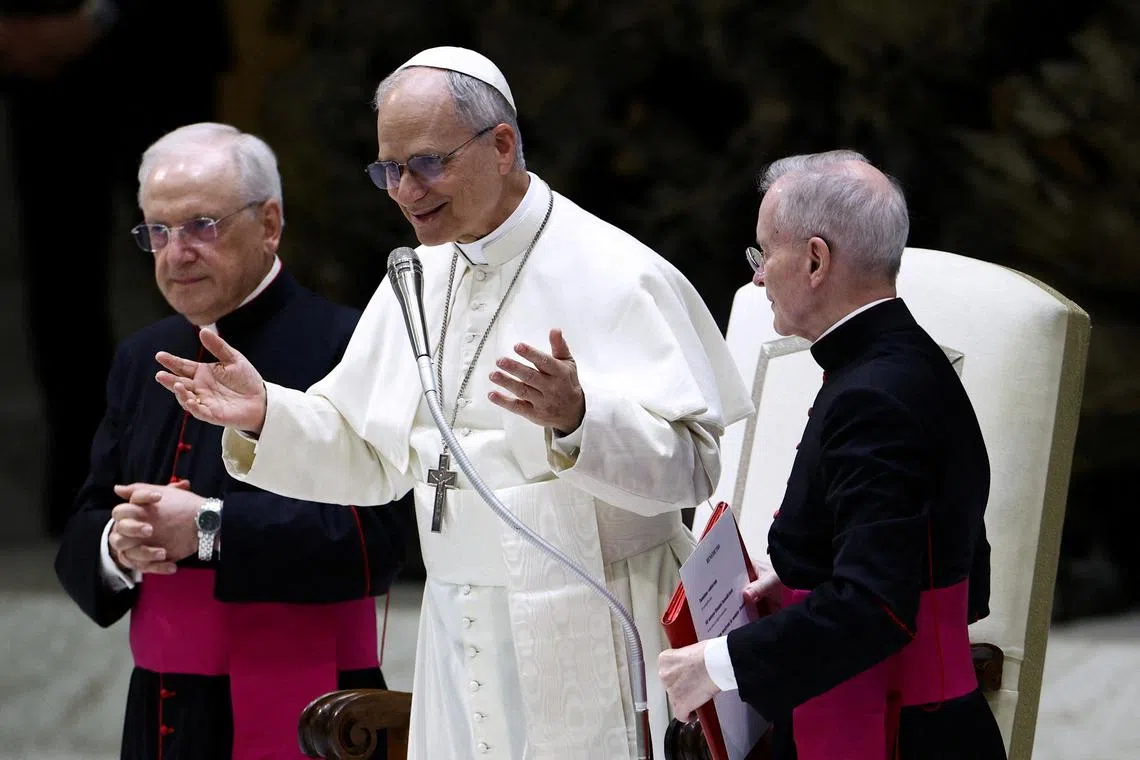 FILE PHOTO: Pope Leo XIV holds an audience with representatives of the media in Paul VI hall at the Vatican, May 12, 2025. REUTERS/Guglielmo Mangiapane/File Photo