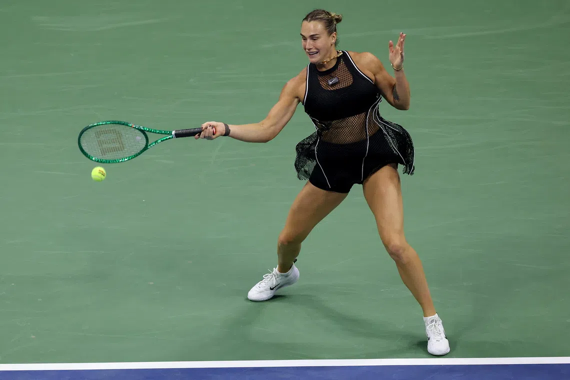 epa13208109 Aryna Sabalenka of Belarus in action against Polina Iatcentko of Russia during their second round Women’s Singles match at the US Open Tennis Championships in Flushing Meadows, New York, USA, 02 September 2026.  EPA/BRIAN HIRSCHFELD