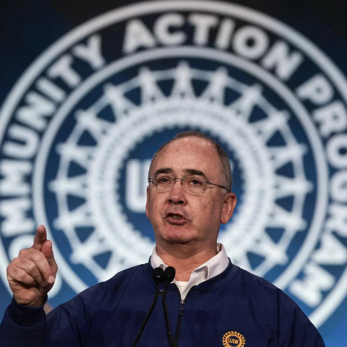 FILE PHOTO: United Auto Workers (UAW) President Shawn Fain delivers the keynote address at the UAW 2026 CAP Conference, the national conference of the union's political arm attended by top union officials, in Washington, D.C., U.S., February 9, 2026. REUTERS/Evelyn Hockstein/File Photo