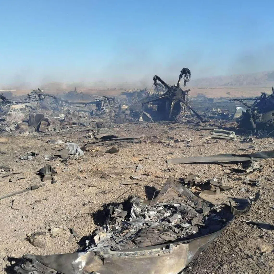 This handout photo provided by Iran's Revolutionary Guard Corps official website Sepah News on April 5, 2026 reportedly shows the wreckage and remains of targeted and crashed aircraft in central Iran.