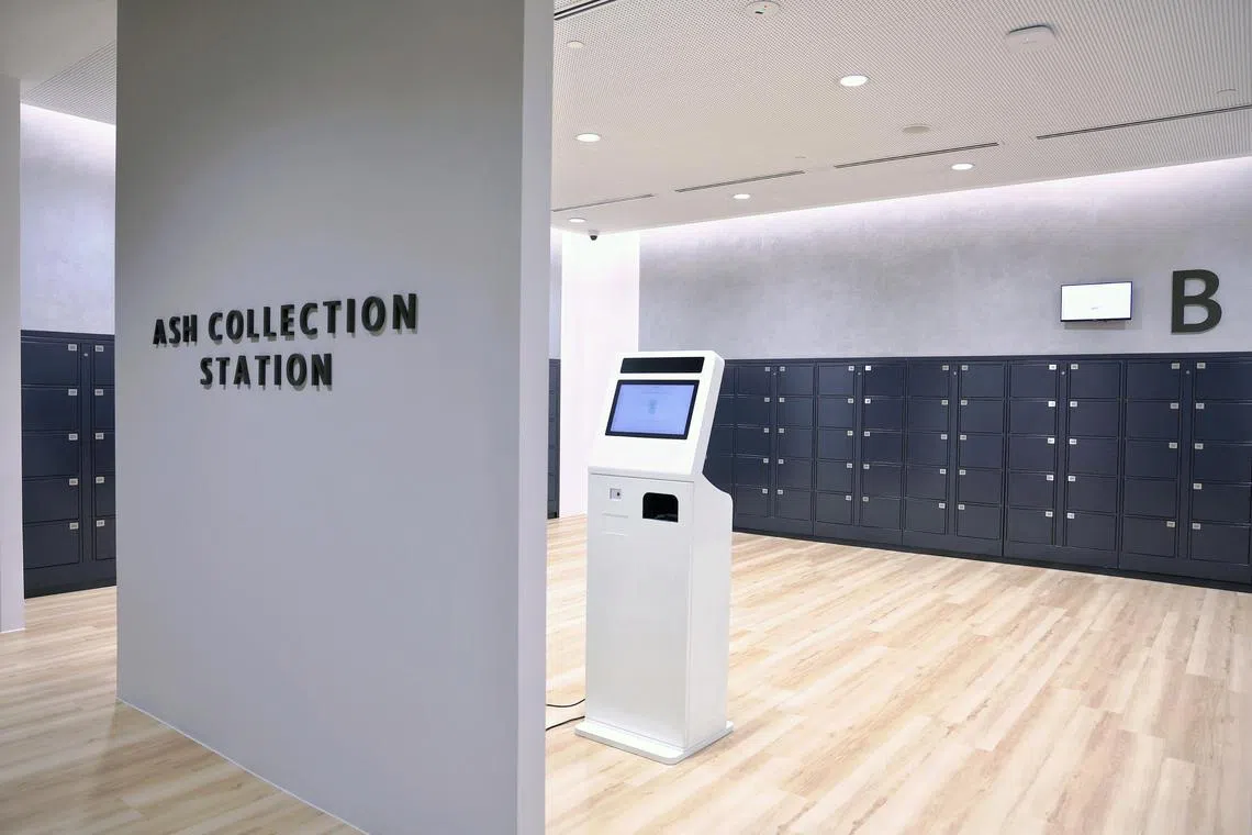 The ash collection station at basement two of Mandai North Crematorium on July 23, 2025. ST PHOTO: KEVIN LIM ssmandai28