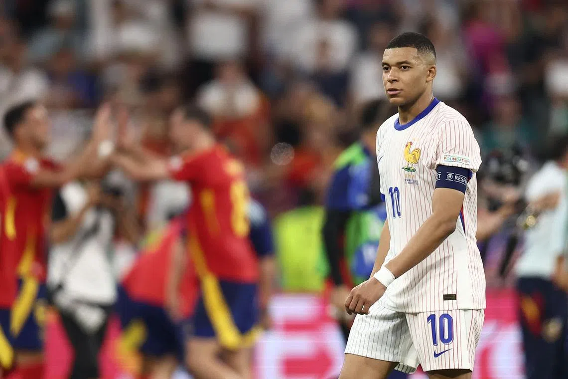 France forward Kylian Mbappe reacting at the end of the Euro 2024 semi-final against Spain.