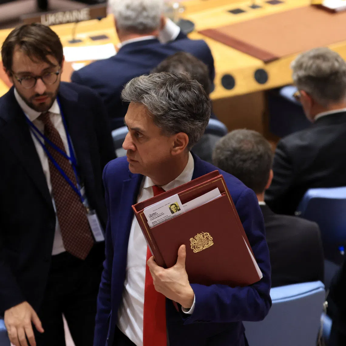 British Foreign Secretary Ed Miliband exits a meeting of the United Nations Security Council on Ukraine, during the 81st United Nations General Assembly, at UN Headquarters in New York City, US, September 23, 2026. REUTERS/Brendan McDermid