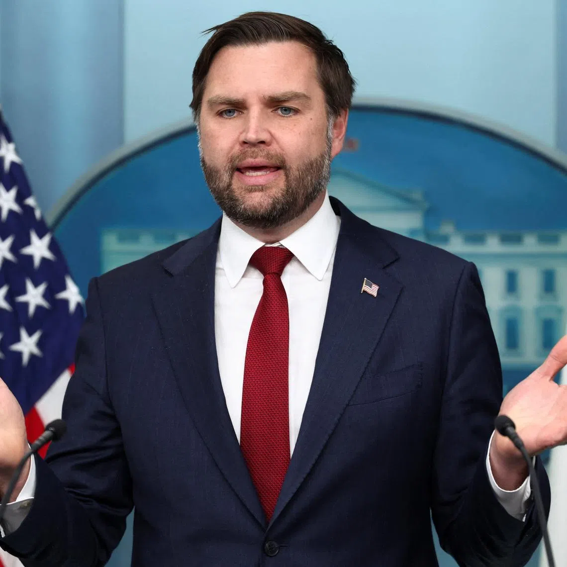 U.S. Vice President JD Vance speak to reporters in the briefing room at the White House in Washington, D.C., U.S., January 8, 2026. REUTERS/Kevin Lamarque