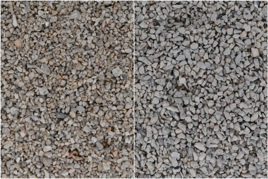 Natural sand (left) and alternative sand created by combining captured carbon dioxide with incineration bottom ash.