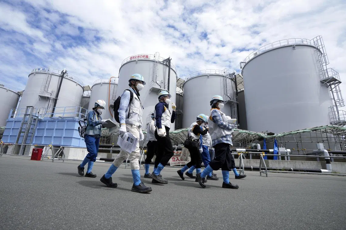 Tanks containing treated radioactive wastewater, at the facility for releasing the water to the sea from the Fukushima Daiichi nuclear power plant, on Aug 27.