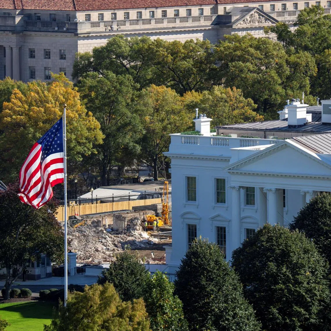 The demolition of the East Wing of the White House, the location of US President Donald Trump's proposed ballroom is seen from an elevated position on the North side of the White House.