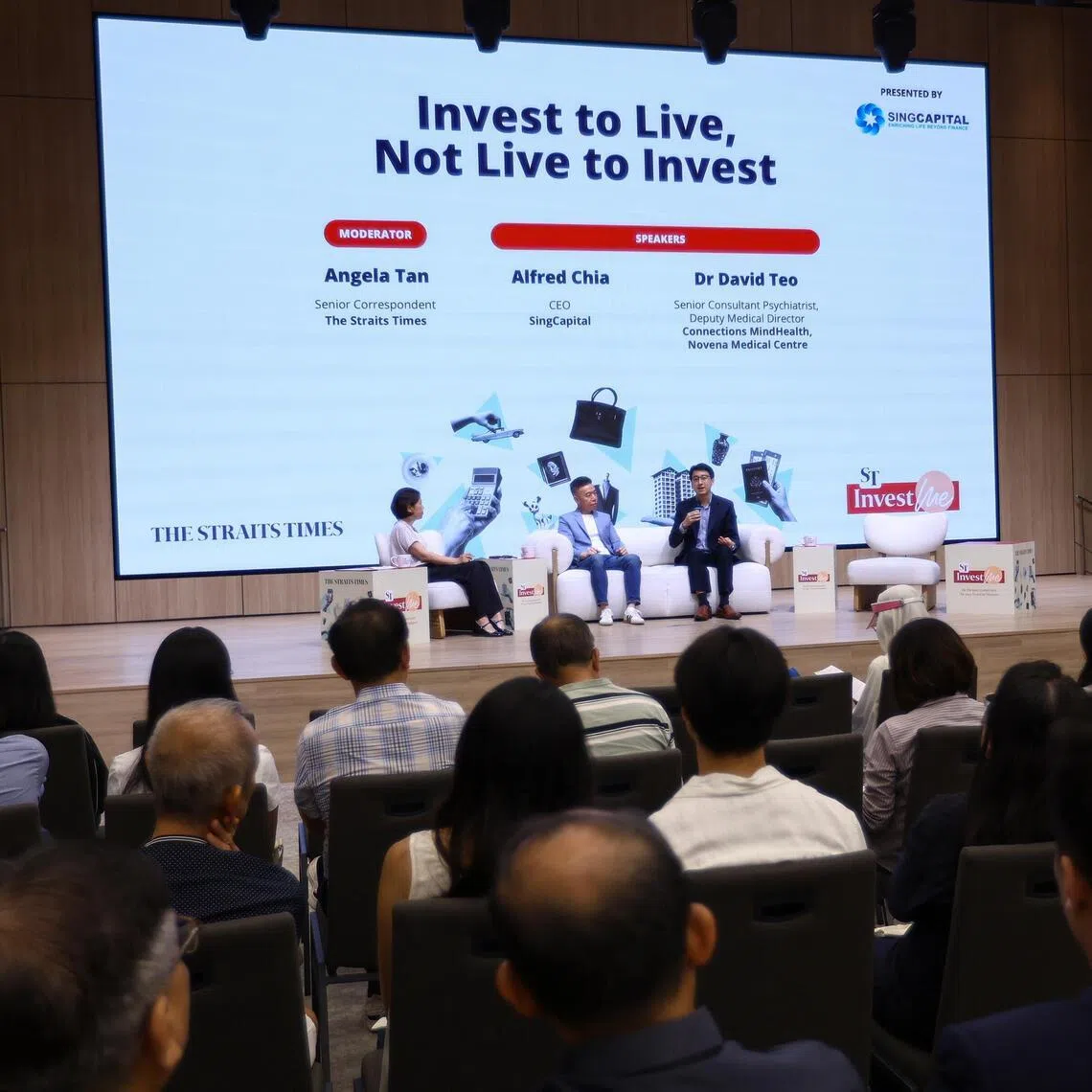 (From left) Senior business correspondent Angela Tan, chief executive of SingCapital Alfred Chia and senior consultant psychiatrist David Teo on a panel discussion at ST InvestMe’s Invest to Live, not Live to Invest event in the SPH Media Auditorium on July 18.