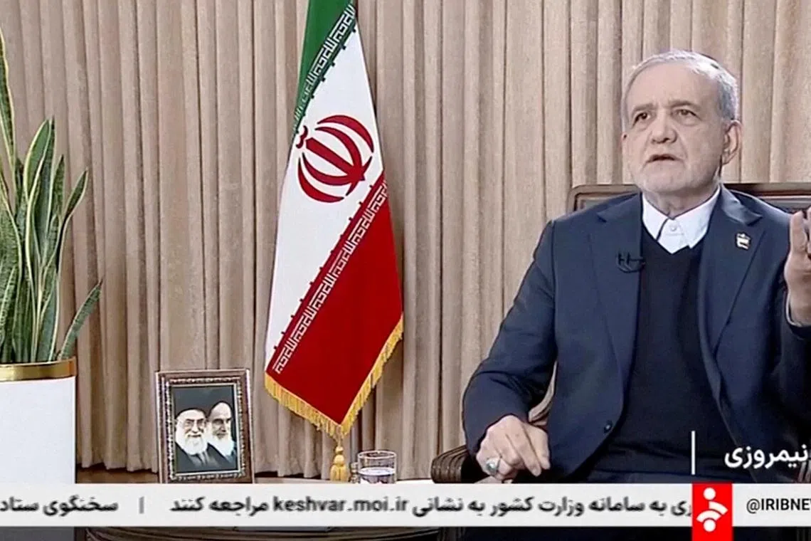 Iran's President Masoud Pezeshkian speaks during an interview with the state TV, amid protests, in Tehran, Iran in this screengrab obtained from a video released on January 11, 2026. IRIB/via Reuters TV/Handout via REUTERS