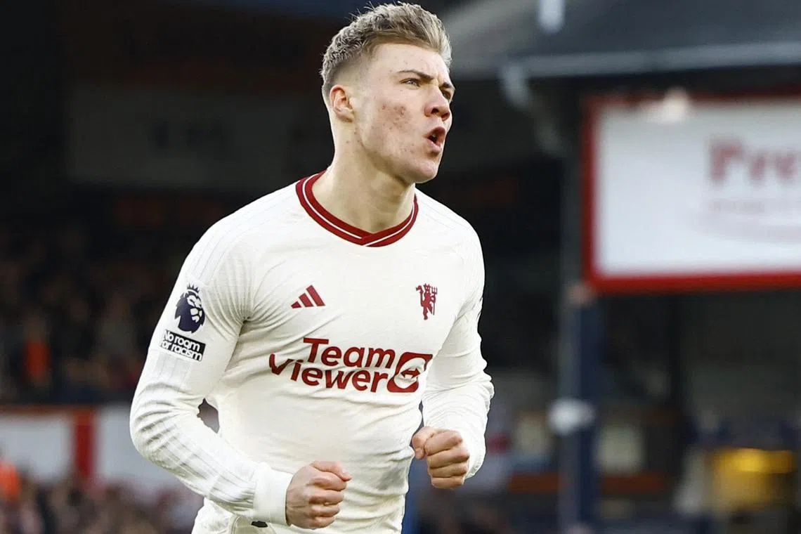 Manchester United's Rasmus Hojlund celebrates scoring their first goal against Luton, one of two from the 21-year-old striker.