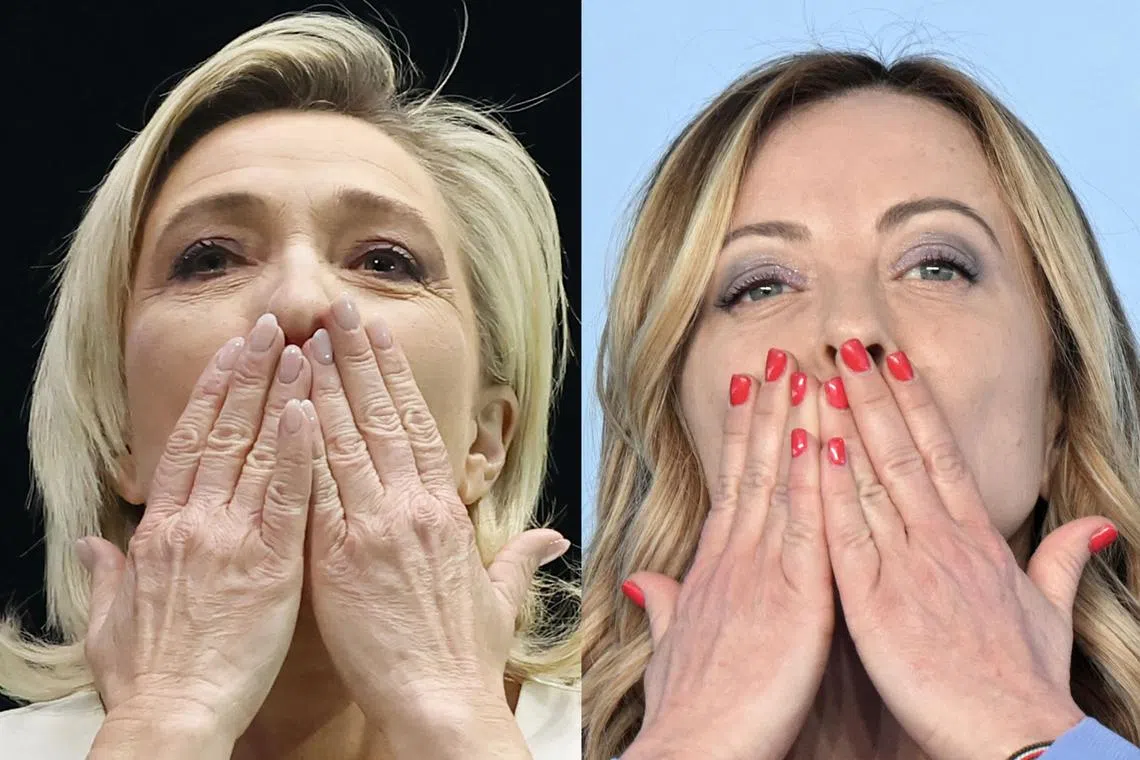 Ms Marine Le Pen’s (left) National Rally party has cast wind turbines as the enemy of the French countryside while Italy’s Giorgia Meloni said that “ultra-ecological fanaticism” was a threat to the economy.