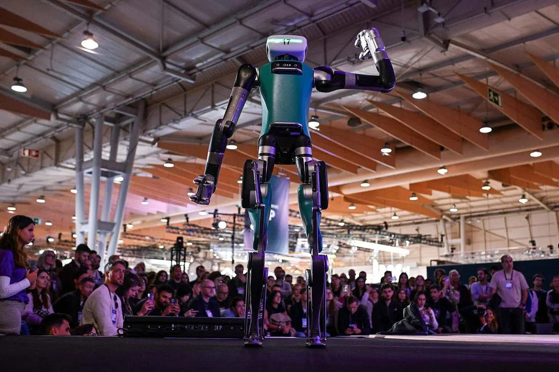 Digit, the name of Agility Robotics' first human-centric multi-purpose robot made for logistics work, at the Web Summit at Parque das Nacoes in Lisbon, Portugal, on Nov 13, 2024. 