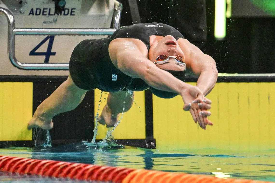 Kaylee McKeown competing in the women's 100m backstroke final during the Australian Swimming Trials in Adelaide on June 10, 2025.  