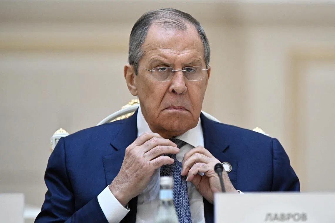 Russian Foreign Minister Sergei Lavrov attends a meeting of Russian President Vladimir Putin and Uzbek President Shavkat Mirziyoyev in expanded format at the Kuksaroy Presidential Palace in Tashkent, Uzbekistan May 27, 2024. Sputnik/Sergey Bobylev/Kremlin via REUTERS