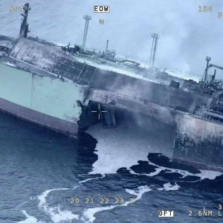 A photo circulating online that is said to show the Arctic Metagaz after it was attacked in the Mediterranean.