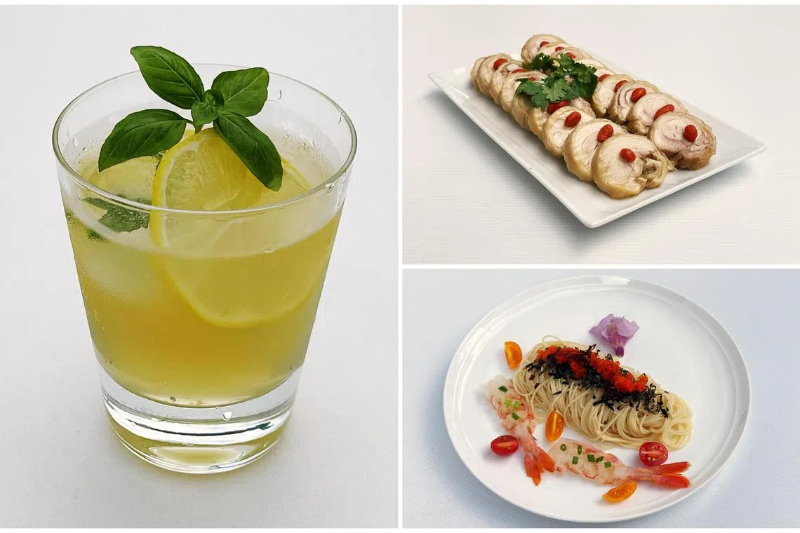 (Clockwise from left) Basil Limoncello Cocktail, drunken chicken and cold capellini.