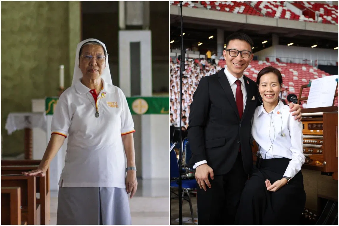 (From left) Sister Josephine Sim and married couple Alphonsus Chern and Angela Lim were among the volunteers involved in Pope Francis' visit to Singapore.