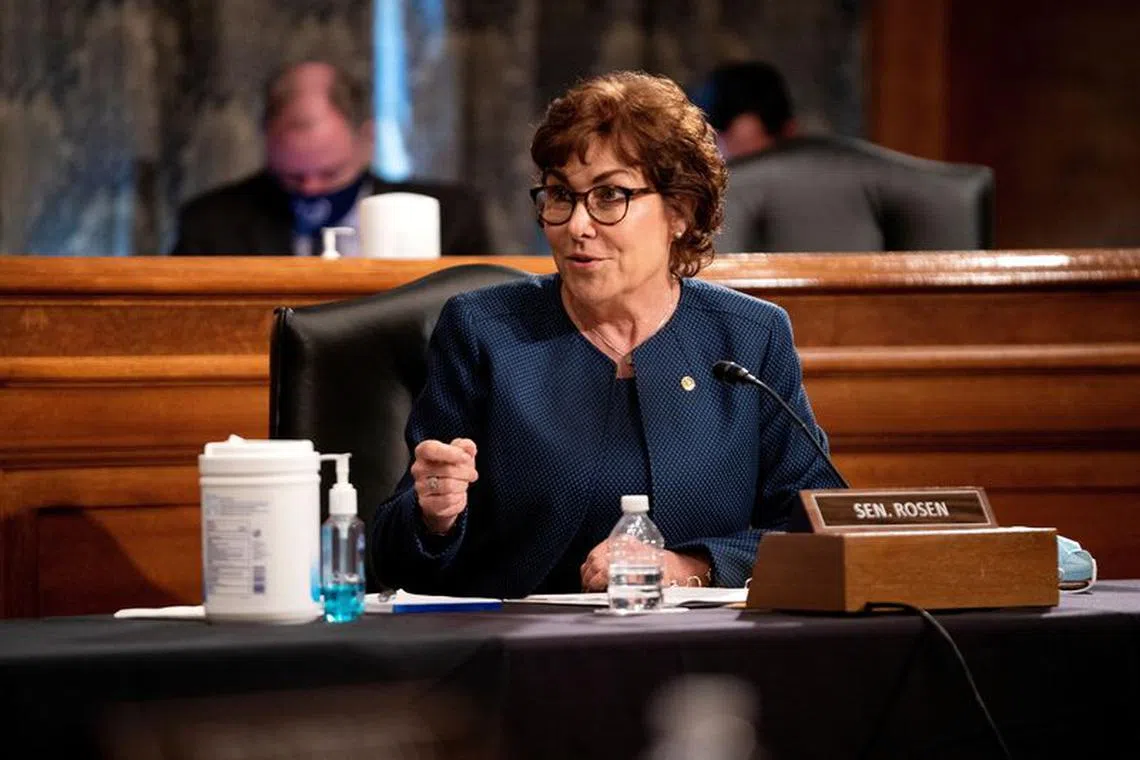 FILE PHOTO: U.S. Senator Jacky Rosen (D-NV) speaks during a Senate Homeland Security and Governmental Affairs hearing to discuss security threats 20 years after the 9/11 attacks, in Washington, D.C., U.S. September 21, 2021. Greg Nash/Pool via REUTERS/File Photo