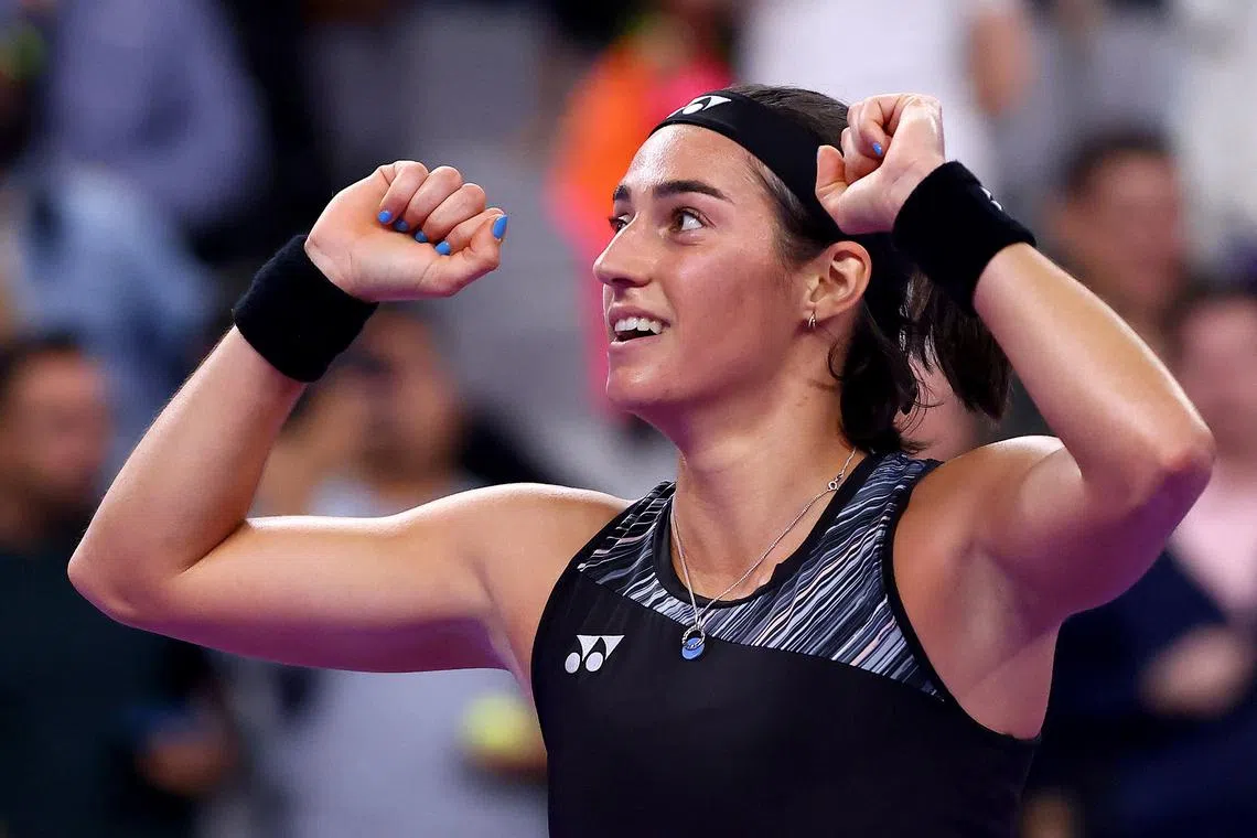 Caroline Garcia of France celebrating her epic win over Daria Kasatkina of Russia on Saturday. 

