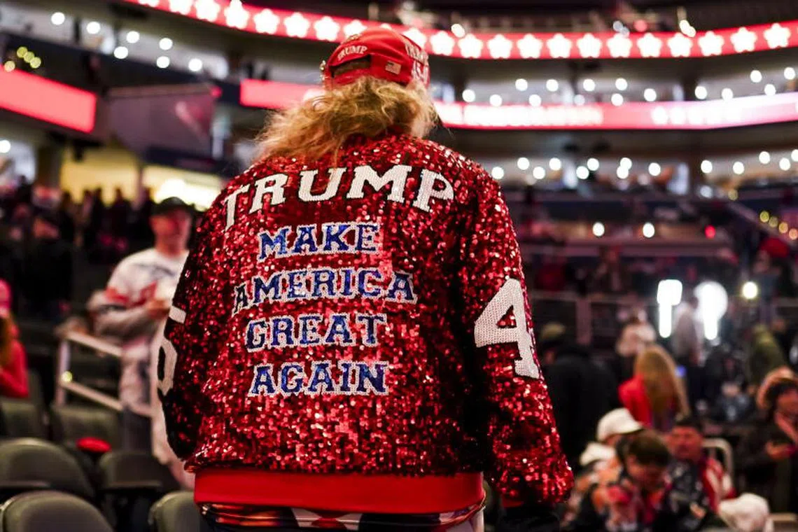 epa11837420 A jacket worn by a supporter of President-elect Donald Trump before the start of a rally with Trump at Capital One Arena in Washington, DC, USA, 19 January 2025. President-elect Donald Trump, who defeated Joe Biden to become the 47th president of the United States, will be inaugurated on 20 January, though all of the planned outdoor ceremonies and events have been cancelled due to a forecast of extreme cold temperatures. EPA-EFE/WILL OLIVER