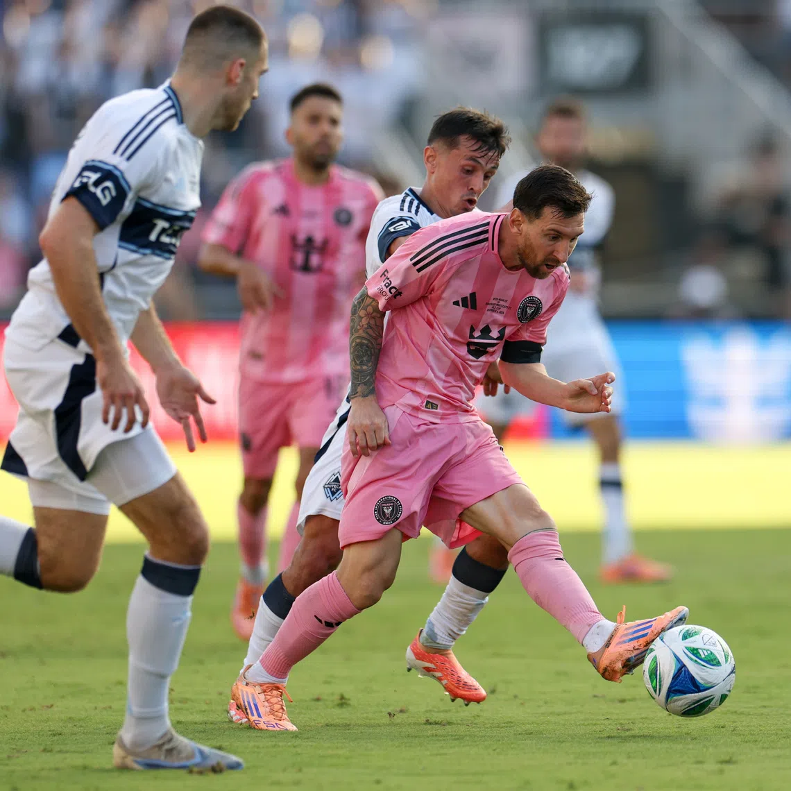 Dec 6, 2025; Fort Lauderdale, Florida, USA; Inter Miami forward Lionel Messi (10) kicks the ball against the Vancouver Whitecaps FC in the second half during the 2025 MLS Cup at Chase Stadium. Mandatory Credit: Nathan Ray Seebeck-Imagn Images