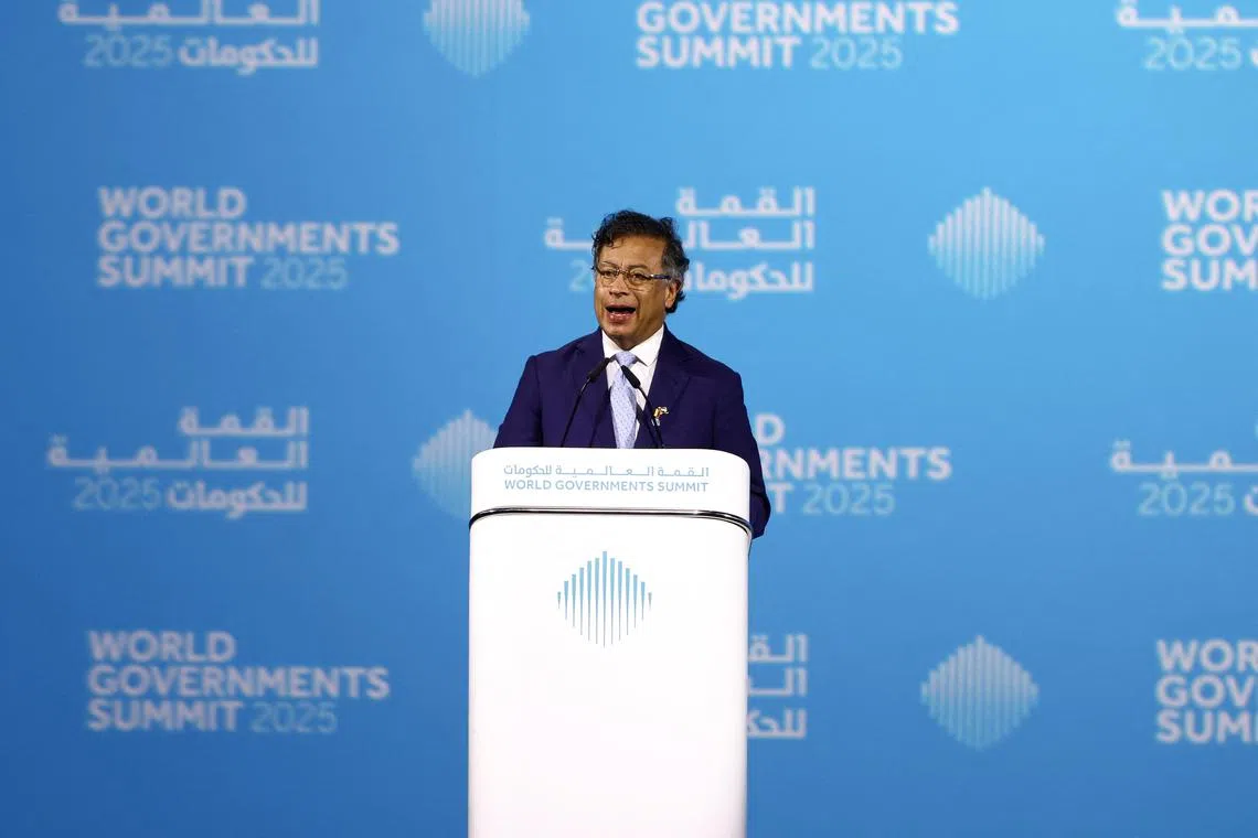 FILE PHOTO: Colombian President Gustavo Petro speaks during a session at the World Governments Summit in Dubai, United Arab Emirates, February 12, 2025. REUTERS/Amr Alfiky/File Photo