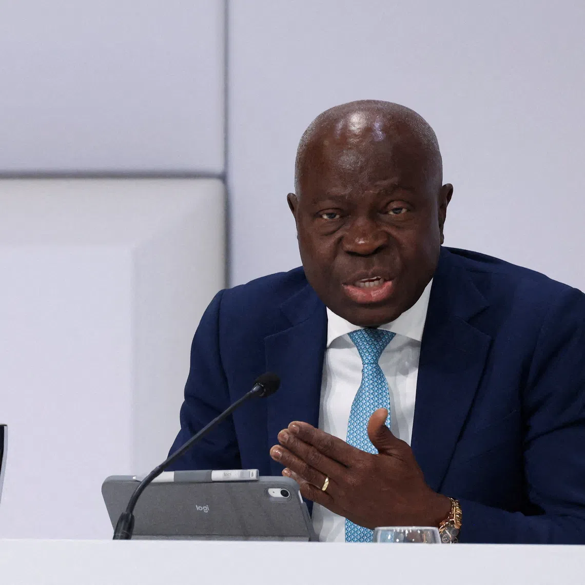 FILE PHOTO: Gilbert Houngbo, International Labour Organization (ILO) Director-General, attends a press conference titled \"Financing sustainable and inclusive social development\", during the 4th International Conference on Financing for Development, in Seville, Spain, July 1, 2025. REUTERS/Claudia Greco/File Photo