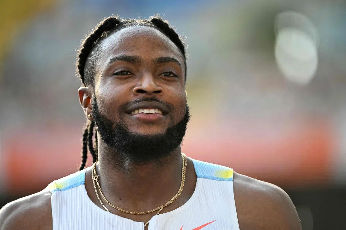 Jamaica's Kishane Thompson celebrates his win in the men's 100m final.