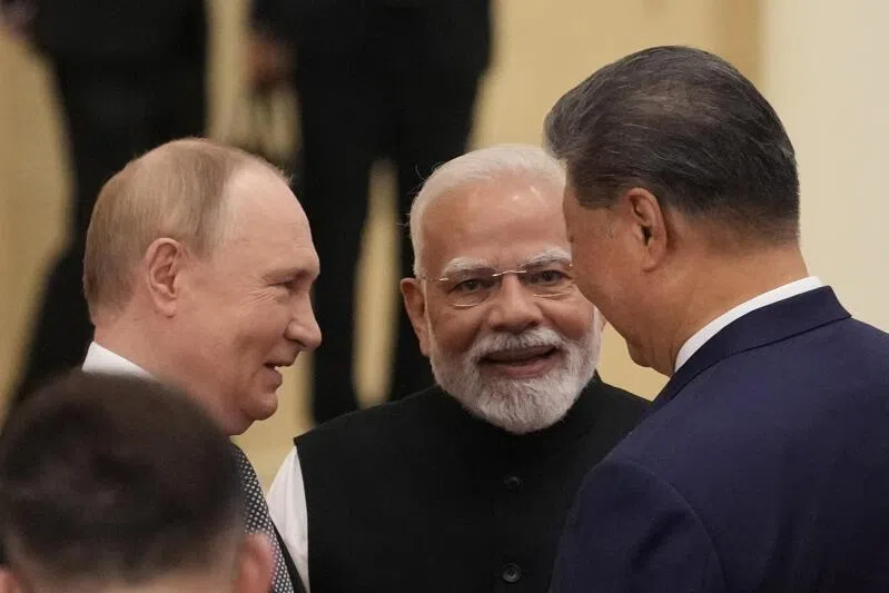 (From left) Russian President Vladimir Putin, Indian Prime Minister Narendra Modi and Chinese President Xi Jinping in Tianjin in September 2025 for the Shanghai Cooperation Organisation summit.