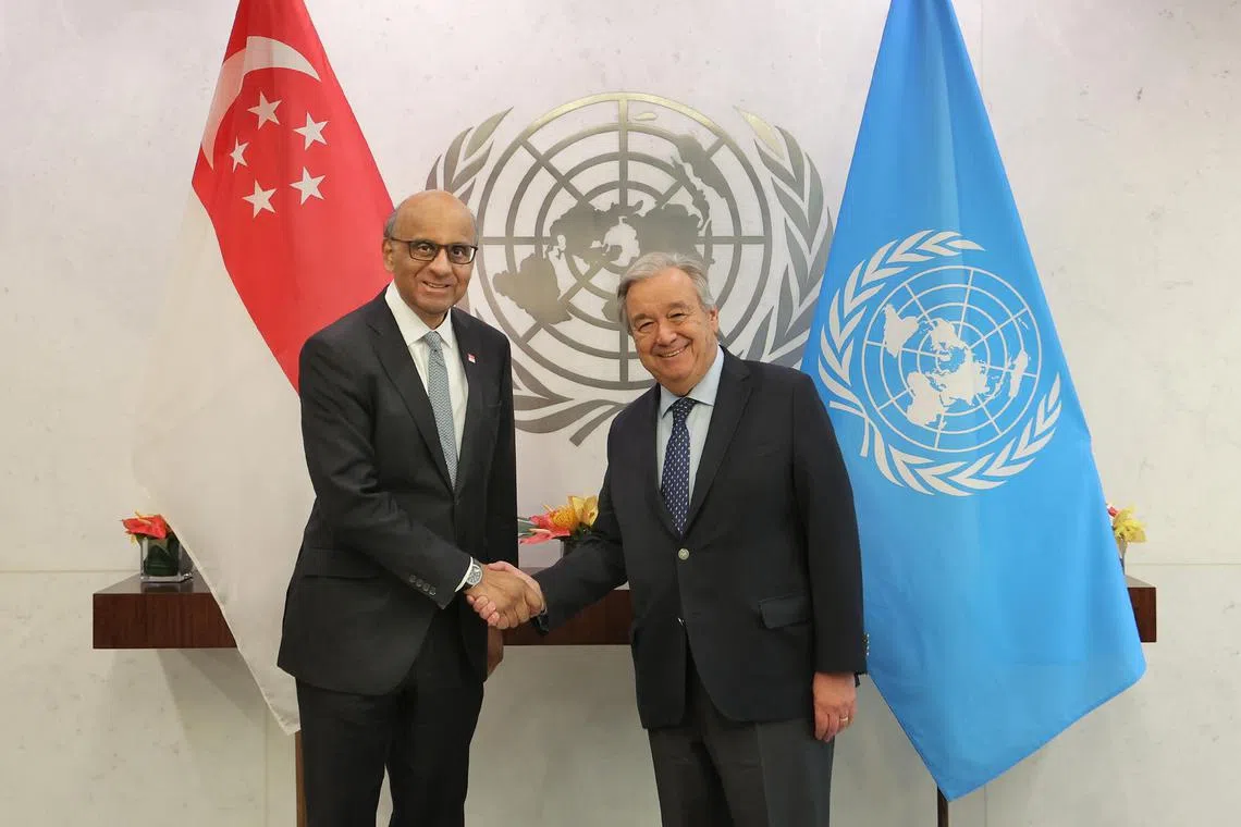 President Tharman Shanmugaratnam meeting with United Nations Secretary-General Antonio Guterres in New York City on Nov 29, 2023.