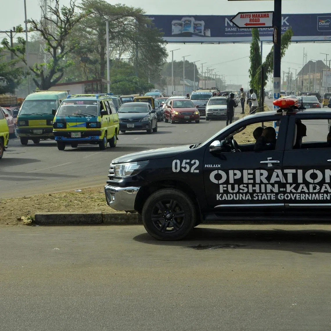 FILE PHOTO: A police vehicle of Operation Fushin Kada (Anger of Crocodile) is parked on Yakowa Road, as schools across northern Nigeria reopen nearly two months after closing due to security concerns, following the mass abductions of school children, in Kaduna, Nigeria, January 12, 2026. REUTERS/Nuhu Gwamna/File Photo