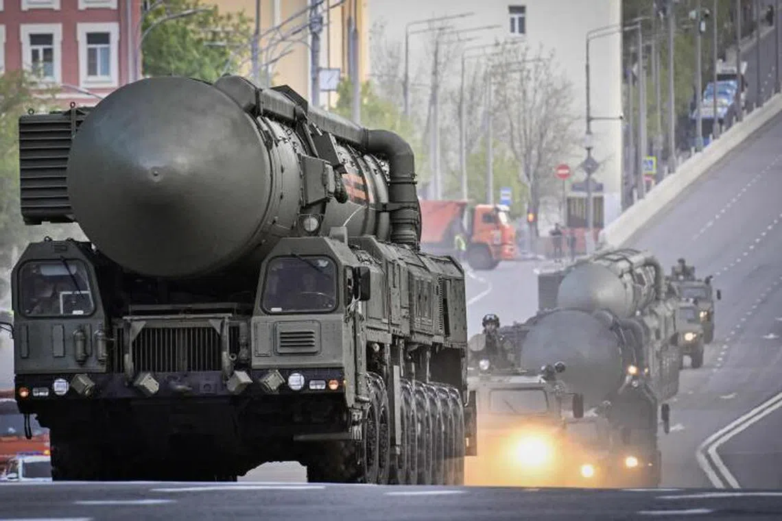 Russian Yars Intercontinental ballistic missiles (ICBM)s travel through central Moscow during a rehearsal for the Victory Day parade where Russia will celebrate the 80th anniversary of the 1945 defeat of Nazi Germany, on May 3, 2025. Russia will mark "Victory Day" on May 9 with a huge military parade of troops and hardware on Red Square, presided over by President Vladimir Putin. (Photo by Alexander NEMENOV / AFP)