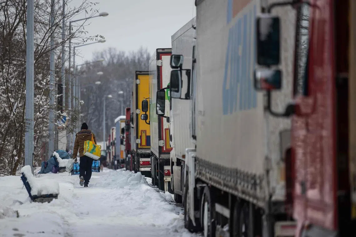 Lorries have been backed up since early November due to protests over Ukrainian trucking firms' access to the European Union. 